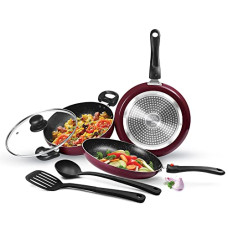 Deals, Discounts & Offers on Cookware - Milton Pro Cook Kitchen Jewel Set of 5 (Fry pan 24 cm/1.6 Litres; Kadhai 24 cm/2.5 Litres with glass lid; Tawa 25 cm; Nylon Laddle and Spatula), Peach | Induction | Dishwasher | Hot Plate | Flame Safe