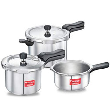 Deals, Discounts & Offers on Cookware - Prestige 2L+3L+5 Litres Svachh outer lid Aluminium combo Pressure Cooker|5 years warranty|Deep lid controls spillage|Induction based|Straight wall|Pressure Indicator | Gasket-release system|Silver