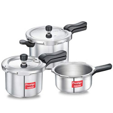 Deals and Offers on Cookware - Prestige 2L+3L+5 Litres Svachh outer lid Aluminium combo Pressure Cooker|5 years warranty|Deep lid controls spillage|Induction based|Straight wall|Pressure Indicator | Gasket-release system|Silver Deals, Discounts & Offers on Cookware - Prestige 2L+3L+5 Litres Svachh outer lid Aluminium combo Pressure Cooker|5 years warranty|Deep lid controls spillage|Induction based|Straight wall|Pressure Indicator | Gasket-release system|Silver