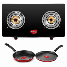 Deals, Discounts & Offers on Cookware - Pigeon by Stovekraft 2 Burner Glass Cook Top Gas Stove (Manual Ignition), Tawa with Stainless Steel Body and Nonstick Fry Pan Cookware Combo (Black, 240mm, 250mm, 14722)