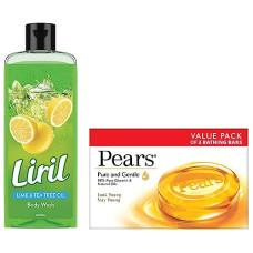 Deals and Offers on - Pears Pure And Gentle Soap Bar, 125g (Pack Of 3) & Liril Lemon and Tea Tree Oil Body Wash, 250 ml Deals, Discounts & Offers on - Pears Pure And Gentle Soap Bar, 125g (Pack Of 3) & Liril Lemon and Tea Tree Oil Body Wash, 250 ml