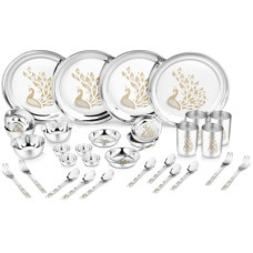 Deals, Discounts & Offers on  - Classic Essentials Pack of 32 Stainless Steel Peacock, 32-Pieces Heavy Gauge with Permanent Laser Design Dinner Set(Silver)