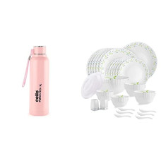 Deals and Offers on - Cello Puro Steel-XBenzInner Steel Outer Plastic with PU Insulation Water Bottle, 900 ml (Pink) & cello Tropical Lagoon 37 pcs Dinner Set Deals, Discounts & Offers on - Cello Puro Steel-XBenzInner Steel Outer Plastic with PU Insulation Water Bottle, 900 ml (Pink) & cello Tropical Lagoon 37 pcs Dinner Set