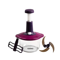 Deals, Discounts & Offers on  - Amazon Brand - Solimo Manual Press Fruit & Vegetable Chopper, with 3 Stainless Steel Blades, 1 Whisker, Food-Grade Unbreakable Plastic Container, Anti-Slip Base, and Locking System, 1400 ml, Purple