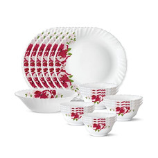 Deals and Offers on - Larah by Borosil Rose Red Silk Series Opalware Dinner Set | 19 Pieces for Family of 6 | Microwave & Dishwasher Safe | Bone-Ash Free | Crockery Set Deals, Discounts & Offers on - Larah by Borosil Rose Red Silk Series Opalware Dinner Set | 19 Pieces for Family of 6 | Microwave & Dishwasher Safe | Bone-Ash Free | Crockery Set
