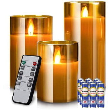 Deals and Offers on - LTETTES LED Glass Cup Pillar Flameless Electric Candles with Flickering Faux Wick | Amber Tinted Glass- Battery Powered with Multifunctional Remote Controller | Set of 3 Candles (H-4 Deals, Discounts & Offers on - LTETTES LED Glass Cup Pillar Flameless Electric Candles with Flickering Faux Wick | Amber Tinted Glass- Battery Powered with Multifunctional Remote Controller | Set of 3 Candles (H-4