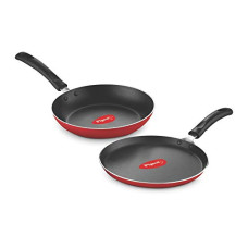 Deals and Offers on Cookware - Pigeon Aluminium Nonstick Duo Pack Flat Tawa 250 and Fry Pan 200 Gift Set (Red) Deals, Discounts & Offers on Cookware - Pigeon Aluminium Nonstick Duo Pack Flat Tawa 250 and Fry Pan 200 Gift Set (Red)