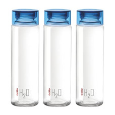 Deals and Offers on - CELLO H2O Toughened Glass Fridge Water Bottle with Plastic Cap, 920ml, Set of 3, Blue Deals, Discounts & Offers on - CELLO H2O Toughened Glass Fridge Water Bottle with Plastic Cap, 920ml, Set of 3, Blue