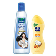 Deals, Discounts & Offers on Beauty Care - Parachute Advansed Jasmine Gold Non-Sticky Coconut Hair Oil With 8x Vitamin-E For Super Shiny Hair, 500ml & Soft Touch Body Lotion With Honey, 100% Natural, Dry Skin Moisturizer, 250 ml
