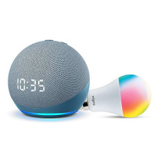 Deals, Discounts & Offers on Electronics - Echo Dot (4th Gen, Blue) with clock combo with Wipro 9W LED smart color Bulb