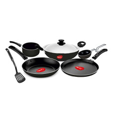 Deals, Discounts & Offers on Cookware - Pigeon Favourite 7 Piece Gift Set Non-Stick Coated Comes with Fry Pan, Kadhai, Lid, Sauce Pan, Spatula, Tadka Pan and a Tawa - Gas Stove Compatible (Black)