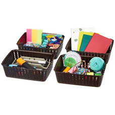 Deals and Offers on - Amazon Brand - Solimo Storage Basket, Set of 4, Small, Brown, Plastic Deals, Discounts & Offers on - Amazon Brand - Solimo Storage Basket, Set of 4, Small, Brown, Plastic