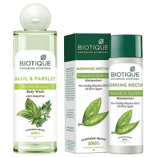 Deals and Offers on - Biotique Morning Nectar Flawless Skin Moisturizer For All Skin Types, 190ml & Basil & Parsley Body Wash, Transparent, 200ml Deals, Discounts & Offers on - Biotique Morning Nectar Flawless Skin Moisturizer For All Skin Types, 190ml & Basil & Parsley Body Wash, Transparent, 200ml
