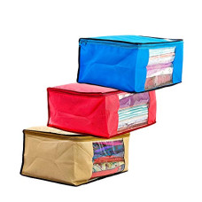 Deals and Offers on - Amazon Brand - Solimo 3 Piece Non Woven Fabric Saree Cover Set with Transparent Window, Large, Pink, Blue and Beige Deals, Discounts & Offers on - Amazon Brand - Solimo 3 Piece Non Woven Fabric Saree Cover Set with Transparent Window, Large, Pink, Blue and Beige