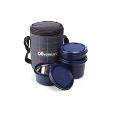 Deals, Discounts & Offers on  - SOPL-OLIVEWARE Infinite Lunch Box, Microwave Safe & Leak Proof, 3 Inside Steel Containers with BPA Free Lids (290ml, 450ml & 600ml), Fabric Bag - Blue