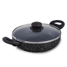 Deals, Discounts & Offers on Cookware - Amazon Brand - Solimo Non-Stick Kadai with Glass Lid & Detachable Handle| Granite Finish | Induction Base | PFOA Free | High Temperature Resistant Exterior Coating | 22 cm | Black