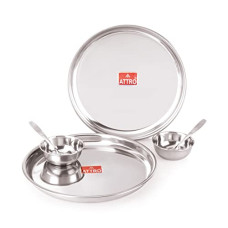 Deals and Offers on - Attro 6 Pieces Dazzle Series Stainless Steel Dinnerware/Dinner Set - 2 Thali, 2 Bowl, 2 Spoon, Food Grade Quality Kitchen Set Use Deals, Discounts & Offers on - Attro 6 Pieces Dazzle Series Stainless Steel Dinnerware/Dinner Set - 2 Thali, 2 Bowl, 2 Spoon, Food Grade Quality Kitchen Set Use