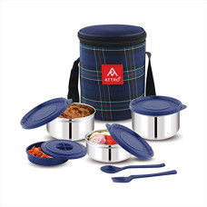 Deals and Offers on - Attro Prime Stainless Steel Single Wall Lunch Box, Airtight & Leak Proof - 4 Containers with Bag, Fork & Spoon Deals, Discounts & Offers on - Attro Prime Stainless Steel Single Wall Lunch Box, Airtight & Leak Proof - 4 Containers with Bag, Fork & Spoon