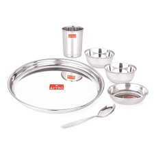 Deals and Offers on - Attro 6 Pieces Smart Stainless Steel Dinnerware/Dinner Set - 1 Thali, 1 D.Plate, 2 Bowl, 1 Glass, 1 Spoon, Kitchen Set Deals, Discounts & Offers on - Attro 6 Pieces Smart Stainless Steel Dinnerware/Dinner Set - 1 Thali, 1 D.Plate, 2 Bowl, 1 Glass, 1 Spoon, Kitchen Set