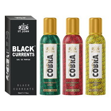 Deals, Discounts & Offers on Beauty Care - ST.JOHN Cobra No Gas Deo True Man, Real Man, Music 100ml each & Black Current 50ml Combo Perfume Body Spray - For Men & Women 350 ml, Pack of 4