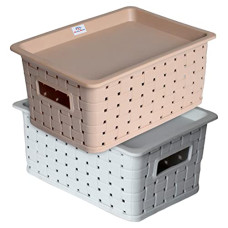 Deals, Discounts & Offers on  - Heart Home BPA Free Attractive Design Multipurpose Small Trendy Storage Basket With Lid|Material-Plastic|Color-Gray,Beige|Pack of 2