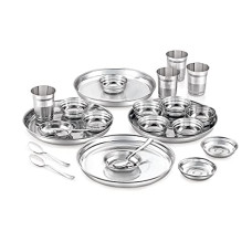 Deals, Discounts & Offers on  - Attro Stainless Steel Silver Touch Finish Dinner Set of 4 Thali, 4 Plate, 8 Bowl, 4 Glass, 4 Spoon (Thali Diameter 12 inch) - Set of 24, Standard
