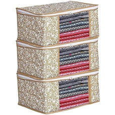 Deals, Discounts & Offers on  - RUKHEBHA Printed Non Woven Fabric Saree Cover/Clothes Organiser For Wardrobe Set with Transparent Window And Zip For Lehenga, Suit, Dress,& Accessories, Extra Large (Pack of 3, Beige)
