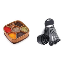 Deals, Discounts & Offers on  - E-COSMOS Plastic Square 7 Sections Masala Rangoli Dabba Box Set - Brown (Masala Box - 7 in 1) Plastic Measuring Spoon and Cup Set, 8-Pieces (Black, Pack of 1), Mix Size (EC-Cup-Black)