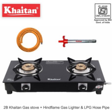 Deals, Discounts & Offers on  - Khaitan Gas Stove Combo - 2B Nano + 1 Ligher + 1 Hose pipe Glass Manual Gas Stove(2 Burners)