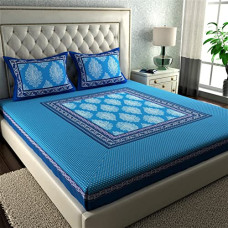 Deals and Offers on - La Verne104 TC 100% Cotton Jaipuri Rjasathani Hand Print Bedsheet with 2 Pillow Covers (Blue) Deals, Discounts & Offers on - La Verne104 TC 100% Cotton Jaipuri Rjasathani Hand Print Bedsheet with 2 Pillow Covers (Blue)