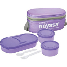 Deals and Offers on - Nayasa Plastic Duplex Softline Lunch Box, 3 Pieces, Purple, 350 ml Deals, Discounts & Offers on - Nayasa Plastic Duplex Softline Lunch Box, 3 Pieces, Purple, 350 ml