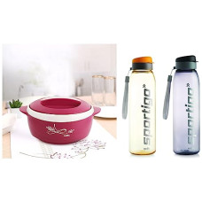 Deals, Discounts & Offers on  - Cello Sportigo Plastic Bottle Set, 1 Litre, Set of 2, Assorted & Cello Sapphire | Insulated Inner Steel Casserole | BPA Free | Food Grade | Serving 1500ml, Pink
