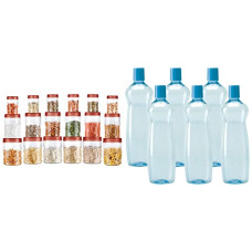 Deals, Discounts & Offers on  - MILTON vitro plastic pet storage jar and container, set of 18 (6 pcs x 230 ml each, 6 pcs x 600 ml each, 6 pcs x 1.18 ltrs each) & Pacific 1000 Pet Bottles 6 Pcs Set, Blue