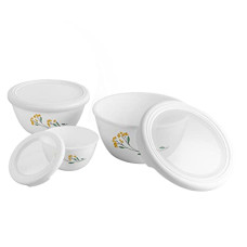 Deals and Offers on - Cello Opalware Mixing Bowl Set with Premium Lid, Yellow Blossom, Set of 3, (500 ml, 1000 ml, 1500 ml), White Deals, Discounts & Offers on - Cello Opalware Mixing Bowl Set with Premium Lid, Yellow Blossom, Set of 3, (500 ml, 1000 ml, 1500 ml), White