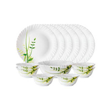 Deals, Discounts & Offers on  - Larah by Borosil Green Herbs Opalware Dinner Set, 13 Pieces, White