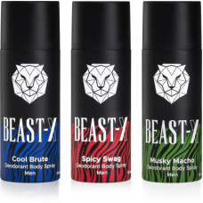 Deals and Offers on - BEAST - X Cool Brute, Spicy Swag and Musky Macho Deodorant Spray - For Men(450 ml, Pack of 3) Deals, Discounts & Offers on - BEAST - X Cool Brute, Spicy Swag and Musky Macho Deodorant Spray - For Men(450 ml, Pack of 3)