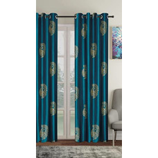 Deals, Discounts & Offers on  - Home Sizzler 1 Piece Hand Block Gold Peacock Printed Eyelet Polyester Door Curtain-7 Feet, Turquoise Blue