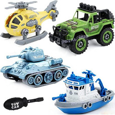 Deals, Discounts & Offers on  - Royal Hub DIY Military Army Car Toy 4 Pack with 1 Screwdriver Tools, Kids STEM Toys Including 1 Helicopter, 1 Jeep, 1 Tank, and 1 Boat for Toddlers Age 3-6, Birthday Gifts