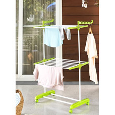Deals, Discounts & Offers on  - Amazon Brand - Solimo Premium Steel Double Supported 2 Layer Cloth Drying Stand, Foldable and Movable (White & Green)