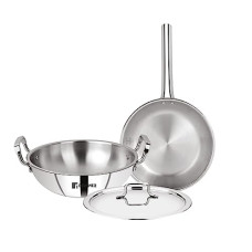 Deals, Discounts & Offers on Cookware - Bergner Tripro Triply Stainless Steel 3 Pc Cookware Set, 24 cm Indian Wok/Kadai with Lid, 22 cm Frypan, Even and Fast Heating, Induction Bottom, Gas Ready, Silver