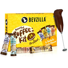 Deals, Discounts & Offers on  - Bevzilla 24 Flavoured Coffee Sachets & Frother Coffee Kit (24 X 2 Gram Sachets) | Makes 24 Cups | 6 Sachets Each Flavour | Turkish Hazelnut, Colombian Gold, French Vanilla & English Butterscotch | 100% Arabica Coffee