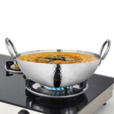 Deals, Discounts & Offers on Cookware - Shri & Sam Stainless Steel 1.1 Litre Triply Deep Pro Light Weight Hammered Kadhai, 18 cm, 702 Grams