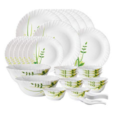 Deals and Offers on - Larah by Borosil Green Herbs Opalware Dinner Set, 35 Pcs, White Deals, Discounts & Offers on - Larah by Borosil Green Herbs Opalware Dinner Set, 35 Pcs, White