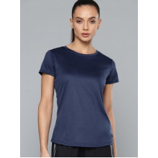 Deals, Discounts & Offers on  - [Sizes XS, S, L] HRX by Hrithik RoshanWomen Solid Round Neck Polyester Dark Blue T-Shirt
