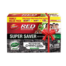 Deals, Discounts & Offers on  - Dabur Red Toothpaste - 300g Family Pack with Toothbrush + Dabur Herb'l Charcoal & Mint (Black Gel) Toothpaste - 240g ( 120gx2, Pack of 2 ) | Fights Plaque & Extrinsic Stains | Whitening Toothpaste, Fluoride Free