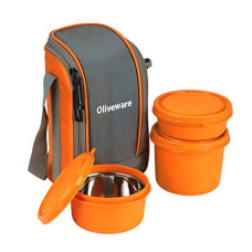 Deals, Discounts & Offers on  - SOPL-OLIVEWARE Boss Stainless Steel Lunch Box, Microwave Safe & Leak Proof, 3 Ineer Steel Containers with BPA Free Airtight Lids (290 ml, 450 ml, 600 ml), Fabric Bag - Orange