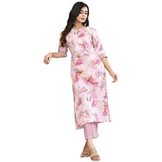 Deals, Discounts & Offers on Women - GoSriKi Women's Cotton Blend Printed Straight Kurta with Pant (PS-Pink-CMD-GS)
