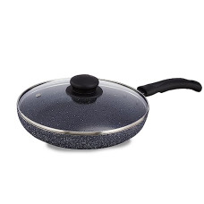Deals, Discounts & Offers on Cookware - Amazon Brand - Solimo Non-Stick Fry Pan with Glass Lid | Granite Finish | Induction Base | PFOA Free | High Temperature Resistant Exterior Coating | 22 cm | Grey
