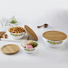 Deals, Discounts & Offers on  - Cello Opalware Royale Mixing Bowl Set with Bamboo Lid - Botanica 500ml, 1000ml, 1500ml, White, 3pcs