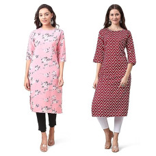 Deals and Offers on Women - LookMark Women's Crepe Pink & Yellow Color 3/4 Sleeve Straight Printed Kurta | Kurti Combo Pack of 2 Deals, Discounts & Offers on Women - LookMark Women's Crepe Pink & Yellow Color 3/4 Sleeve Straight Printed Kurta | Kurti Combo Pack of 2